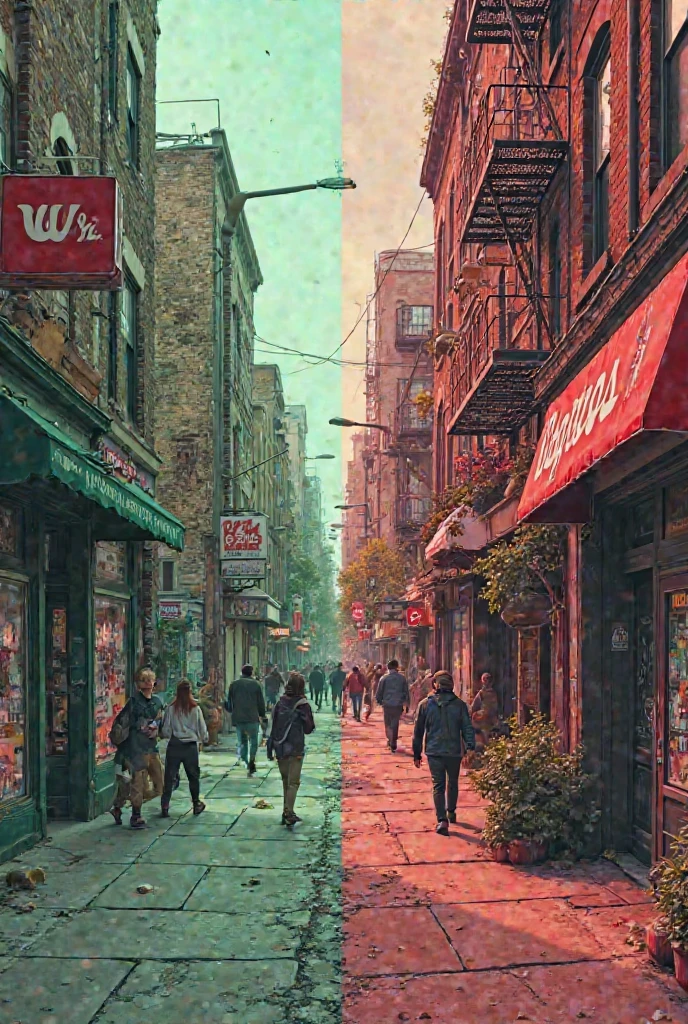 [create a Side-by-side photos of a "green light" street (Walgreens, dog park, young families) vs. "red flag" street (boarded windows, cracked sidewalks).]  