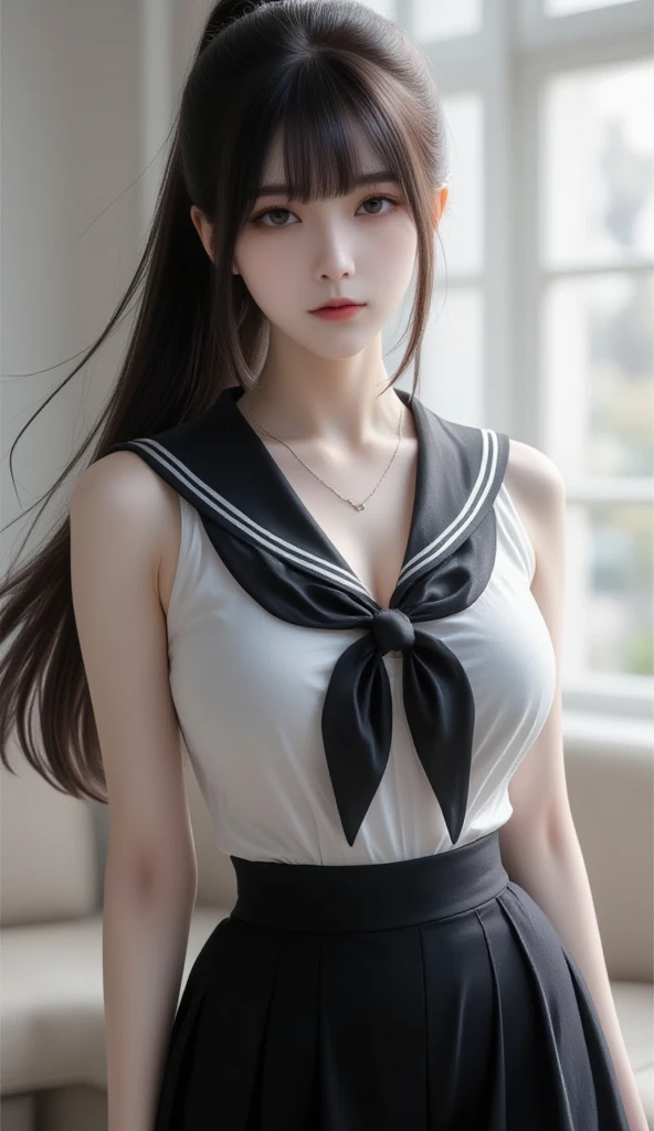 ((masutepiece)), ((Best Quality)), (Ultra-detailed), ((kawaii)), Cute, (lovely), ((Sexy)), ((Extremely detailed)), 4K, (8K), Best Quality, (Beautiful), Realistic,, Cute girl in the room, 1girl in, Solo, Sailor Suit, Beautiful black hair, Beautiful black eyes, ((Beautiful eyes)), Long hair, Smile, lightsmile, sparkling effect, Glitter effect