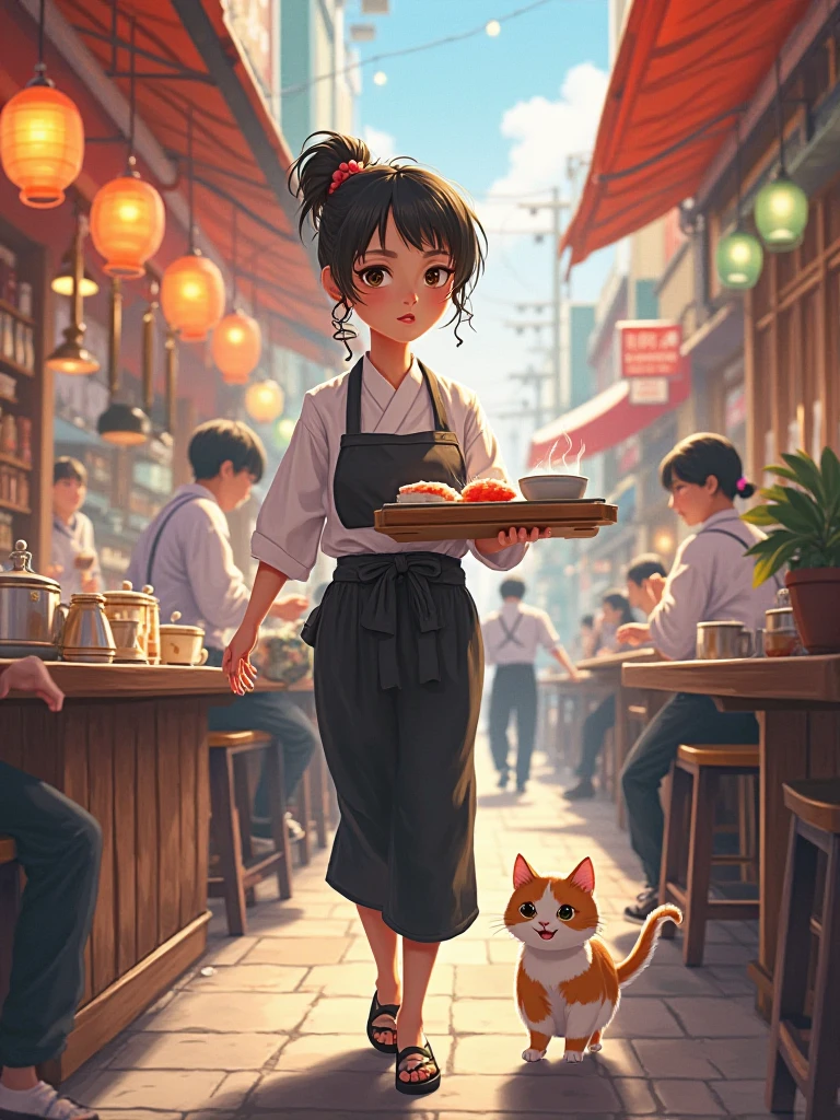 Sushi restaurant in Tsukiji, Japan。そこで働く板前ファッションのキャリコのcute仔猫。Serving tea to customers、Carrying sushi、I am doing my best！cute！！