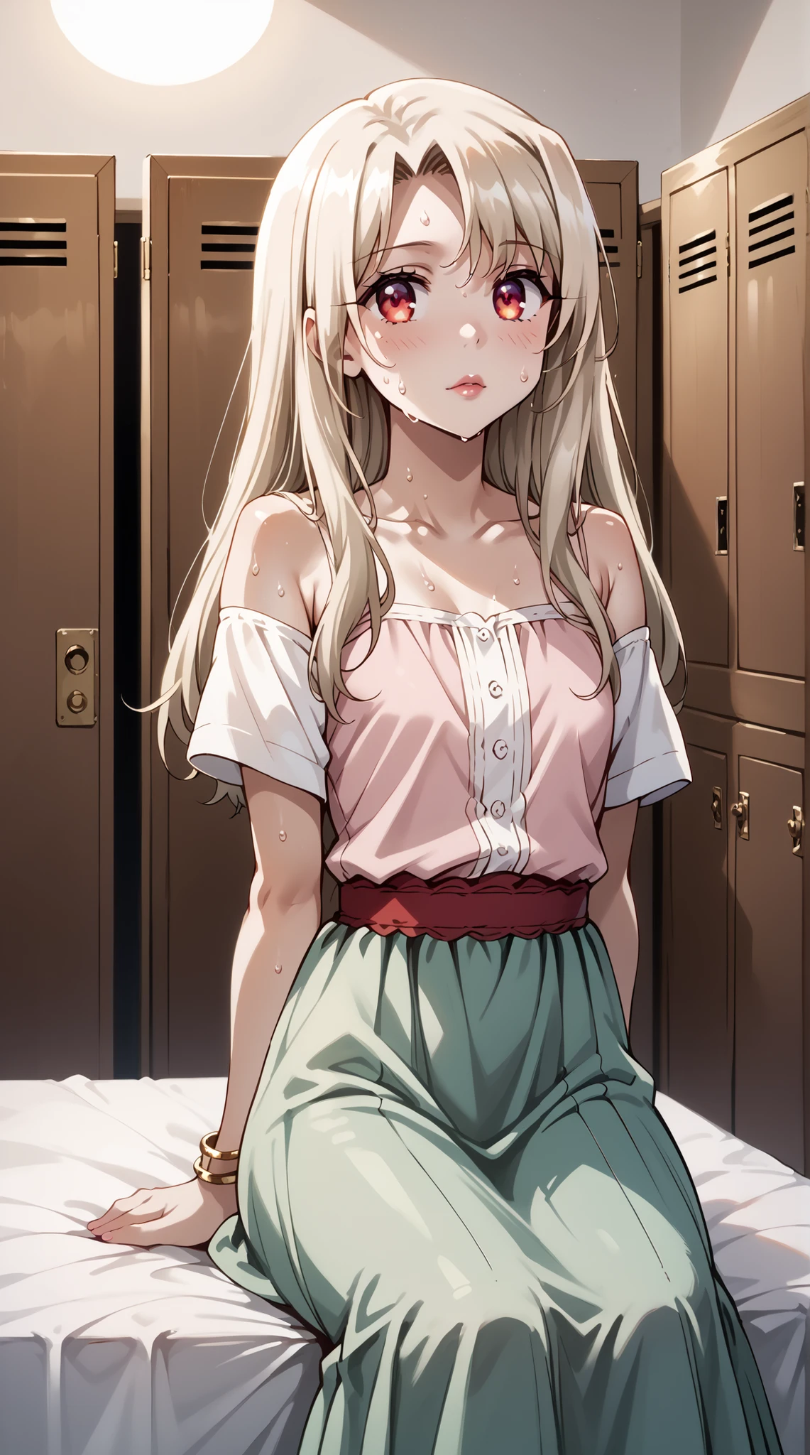 score_9, score_8_up, score_7_up, source_anime, 4K,perfect fingers,(perfect hands, perfect anatomy),prefect lighting, very aesthetic, intricate details,highly detailed background, masterpiece, high quality, best quality,
1girl,illyasviel von Einzbern, long hair, blonde hair, red eyes, parted bangs, Large Breast,
wearing ((bangle, bare shoulders, bracelet, dress, jewelry, short sleeves, shiny clothes, )),
A sagging breast, changing room, lockers, facing viewer, standing, ((arms behind back:1.2)), sensual, sitting, sitting_on_bed, lips, on_bed, ((sweating:1.5))