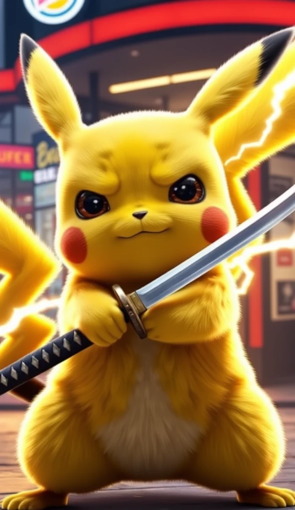 Pikachu is in diffensive stance , holding its kanata in that way in Burger King 
