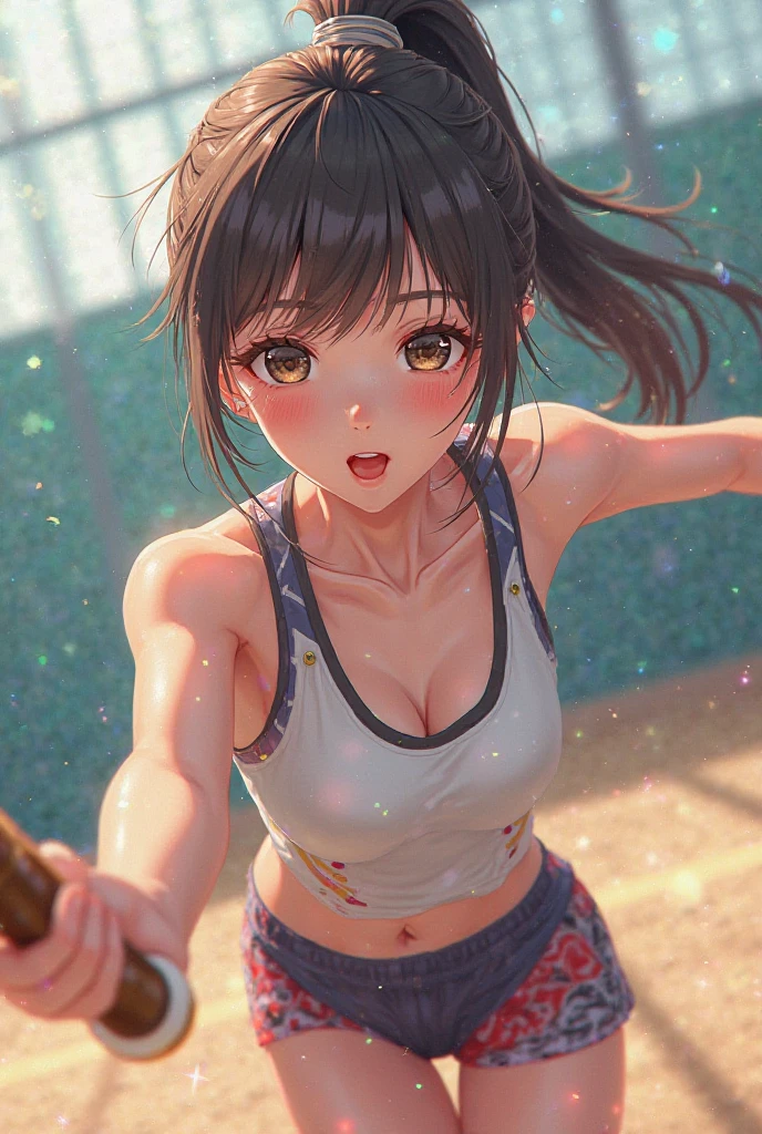 Browsing Caution,(((One person, One person, {Highest quality}, {so beautiful}, {Very detailedな}, {Best illustrations}, Browsing Caution, Kneel, Tight camisole, {{{ペニスをUnderarmに入れる:1.2}}}, Underarm:1.3))),(Highest quality, 8k, masterpiece:1.3,beautiful girl), (Very detailed)Glowing Skin,(((Long Hair,ponytail,Blue Ribbon,Beautiful Hair))),(Perfect Anatomy, Anatomically cまたはrect, Very detailed肌),((Golden Eyes,Droopy eyes,Narrow eyes,rather thick eyebrows:1.2)),((Perfect Fingers,Five Fingers)), Mole under the eye,Double teeth,Big Breasts,Big Ass,high school girl,Very smiling,((Track and field uniforms:1.2,)),((Athletics Stadium)),(((Natural Makeup))),After execution,Sweating all over the body,
