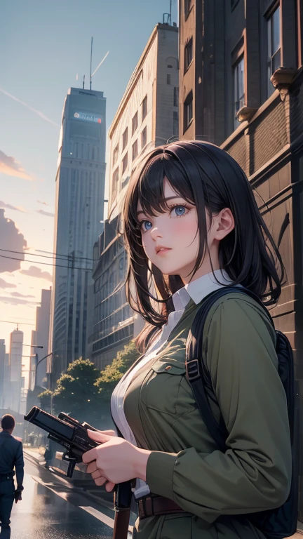 masterpiece, best quality, high res, Detailed figure and hands, Detailed weapon and expression, Apocalyptic  , Scarce trees , Tons of old buildings, (Lush plants growing on the road), (Abandoned cars and fallen signs), (A woman wearing an old combat uniform-style suit with a focus on straps, Wearing a backpack), (Woman with a tied head,  strong expression), (Highlight the action of welcoming you to the camera 5), tense atmosphere, , soft yet dreary twilight lighting, Cinematic wide-angle composition, A happy bright smile, A woman hugs a man who is going to wear ragged clothes.
