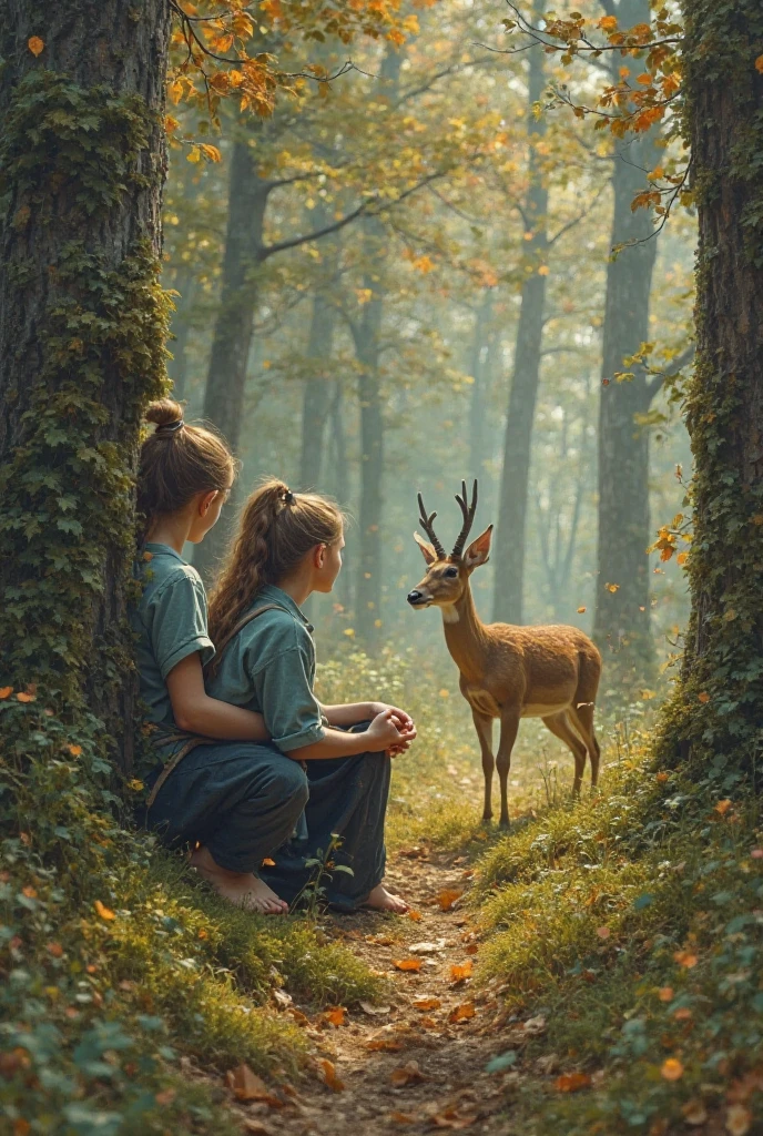 painted two grown girls hide on their knees behind moss-covered painted trees,alone wearing wide pants, are tightly tied at a narrow waist with a two-turn rope, her shirt was big, barefoot and looking at a roe deer, with wheat hair gathered in a ponytail. second adult girl looks at the first, dressed in a shirt blue and black pants,with black countries, wheat hair gathered in a bun. in front of them, a flock of roe deer crosses the forest. They do not pay attention to them,animals gracefully step on the soft cover of soil, and they had naive doll eyes