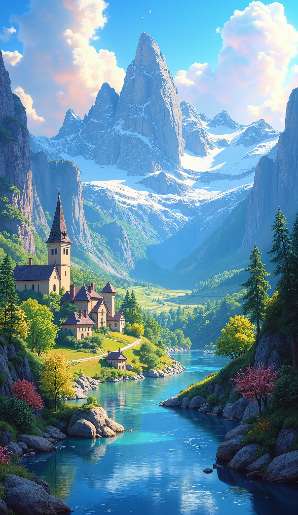 夏山のoilの傑作 、 bright color 、 spectacular dramatic expression in intense style 、 Small village 、 Gothic Castles 、 Rivers and lakes 、 BREAK's Masterpiece 、 Highest Quality Intricate Details in Wet Water 、 super clear 、 Screen Environment 、 Realistic shadows 、 Bastien Recouffe Douarme 、 8 kilometers 、 oil 、