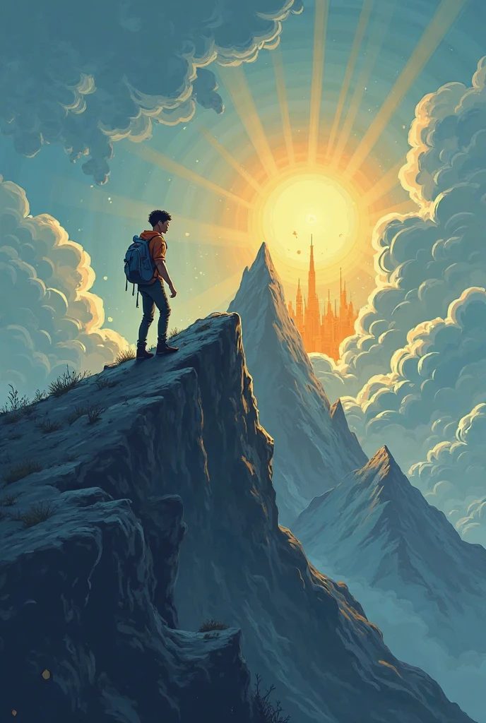 A motivational cartoon-style poster. A person is climbing a steep mountain under a cloudy sky, looking tired but determined. Near the top, the clouds begin to part and sunlight shines through, revealing a glowing golden city or a shining symbol of success just over the peak. The background has a dramatic sky, and rays of light emphasize the goal