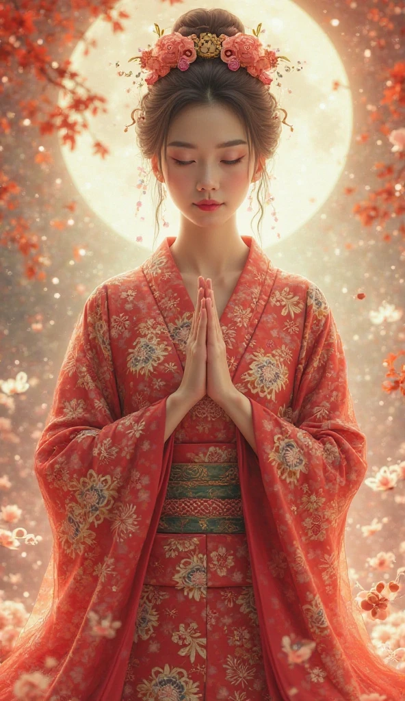 “Create an image of a goddess for romantic success, posed with her hands held forward in prayer. She should be wearing a beautiful kimono, designed with intricate patterns appropriate for a divine figure. The background should complement the attire, imbued with ethereal and romantic elements, fitting the theme of love and destiny. Ensure the image is in a 9:16 aspect ratio, perfect for TikTok.”