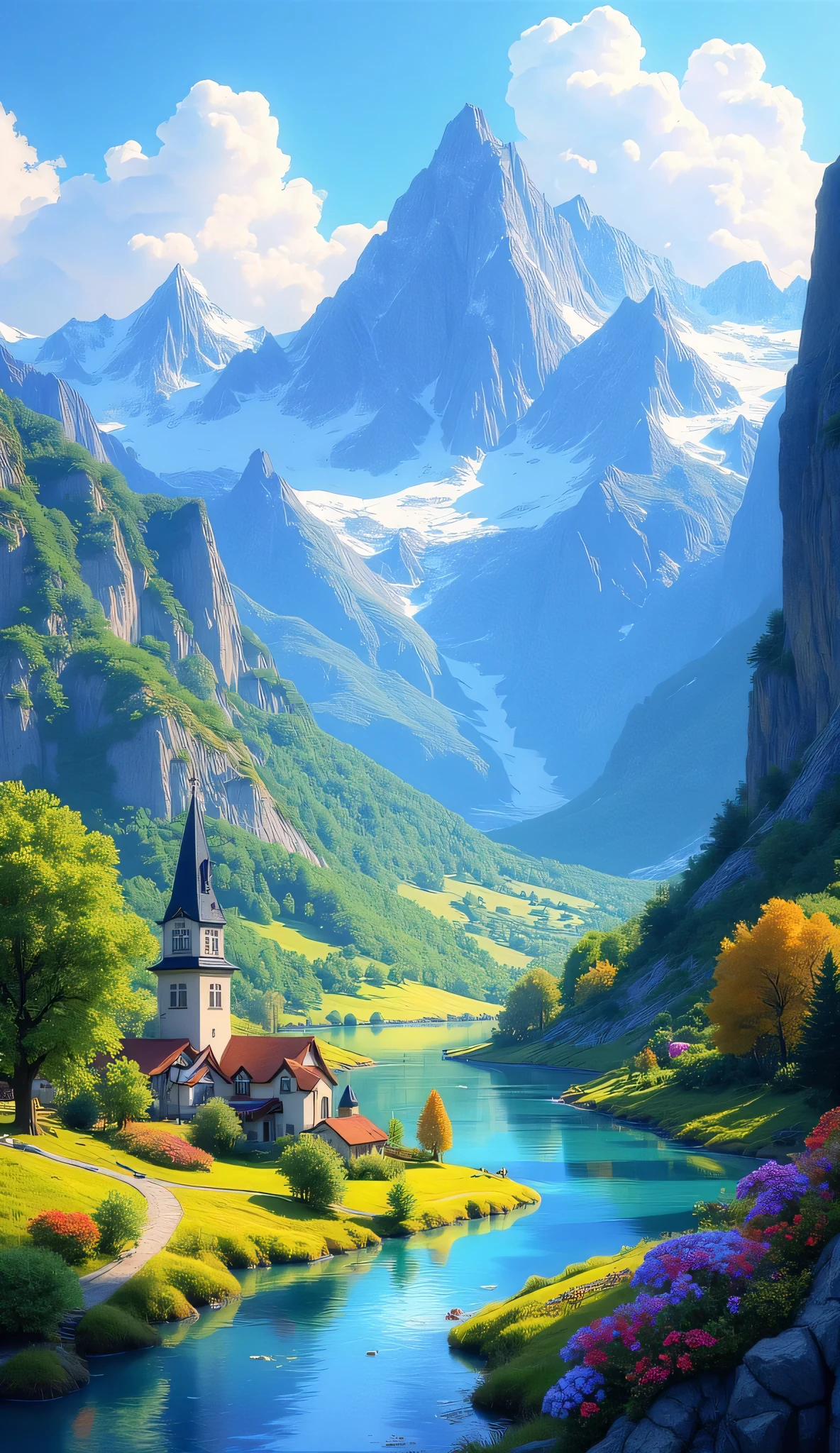 夏山のoilの傑作 、 bright color 、 spectacular dramatic expression in intense style 、 Small village 、 Gothic Castles 、 Rivers and lakes 、 BREAK's Masterpiece 、 intricate details of the highest quality in wet water 、 super clear 、 Screen Environment 、 Realistic shadows 、 Bastien Recouffe Douarme 、 8 kilometers 、 oil 、