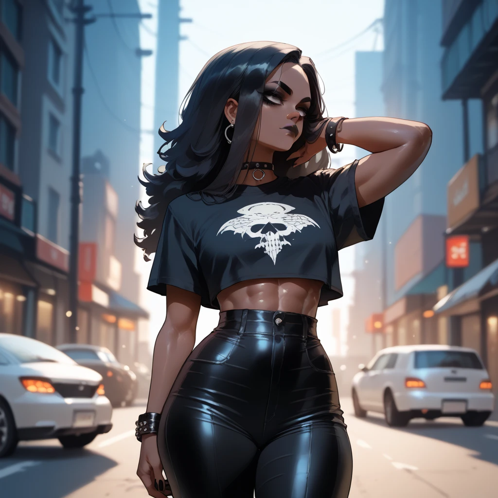 beautiful woman with wavy hair detailed seductive eyes thigh gap long legs and sexy. BIG BREASTS, with a tiny shorts t-shirt in a beautiful futuristic cyberpunk+ city, fog, wet, raining, best quality masterpiece, photorealistic, detailed, 8k, HDR, shallow depth of field, wide light, high contrast, backlight, bloom, light flashes, chromatic aberration, sharp focus, RAW color photo