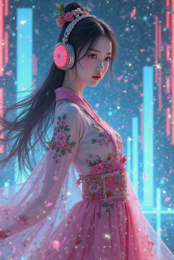 Female anime character wearing hanbok and headphones