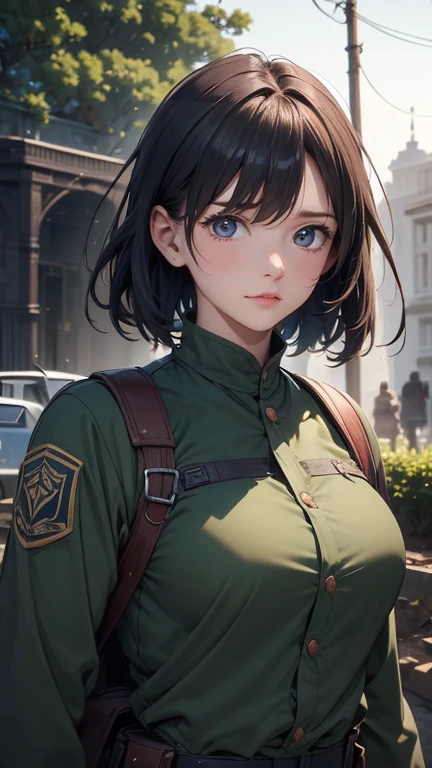 masterpiece, best quality, high res, Detailed figure and hands, Detailed weapon and expression, Apocalyptic  , Scarce trees , Tons of old buildings, (Lush plants growing on the road), (Abandoned cars and fallen signs), (A woman wearing an old combat uniform-style suit with a focus on straps, Wearing a backpack), (Woman with a tied head,  strong expression), (A woman who sheds tears of joy and wears old combat uniformed clothes with a focus on), tense atmosphere, , soft yet dreary twilight lighting, Cinematic wide-angle composition
