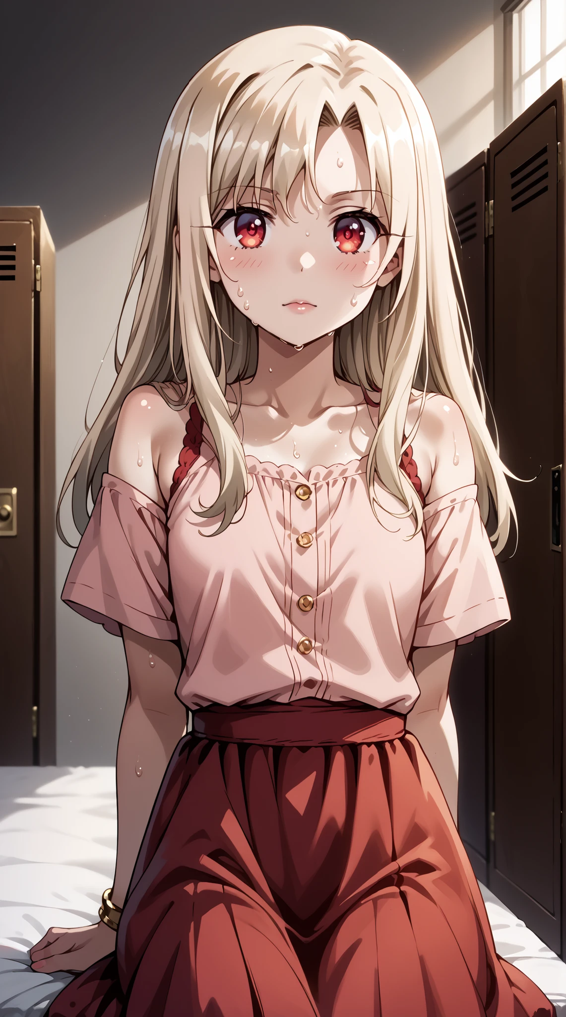 score_9, score_8_up, score_7_up, source_anime, 4K,perfect fingers,(perfect hands, perfect anatomy),prefect lighting, very aesthetic, intricate details,highly detailed background, masterpiece, high quality, best quality,
1girl,illyasviel von Einzbern, long hair, blonde hair, red eyes, parted bangs, Large Breast,
wearing ((bangle, bare shoulders, bracelet, dress, jewelry, short sleeves, shiny clothes, )),
A sagging breast, changing room, lockers, facing viewer, standing, ((arms behind back:1.2)), sensual, sitting, sitting_on_bed, on_bed, ((sweating:1.5)), ((front look:1.5)),