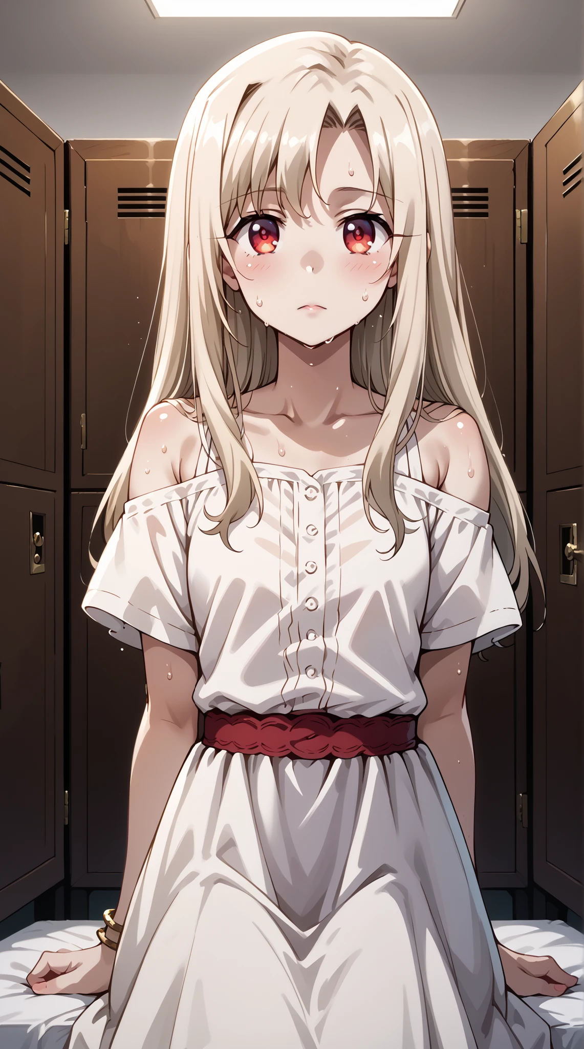 score_9, score_8_up, score_7_up, source_anime, 4K,perfect fingers,(perfect hands, perfect anatomy),prefect lighting, very aesthetic, intricate details,highly detailed background, masterpiece, high quality, best quality, 
1girl,illyasviel von Einzbern, long hair, blonde hair, red eyes, parted bangs, Large Breast,
wearing ((bangle, bare shoulders, bracelet, dress, jewelry, short sleeves, shiny clothes,  )),
A sagging breast,  changing room, lockers, facing viewer, standing, ((arms behind back:1.2)), sensual, sitting, sitting_on_bed, on_bed, ((sweating:1.5)), ((front look:1.5)),