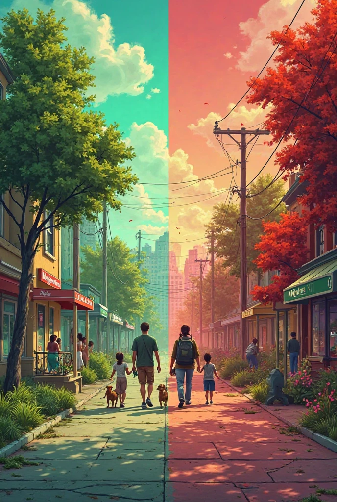 Create a Side-by-side photos of a "green light" street (Walgreens, dog park, young families) vs. "red flag" street (boarded windows, cracked sidewalks).