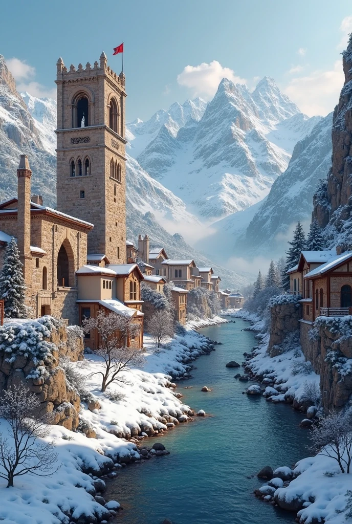 photography , 32k , type, snowy mountain landscape , Medieval houses , main Arabic-style stone bell tower , a river crosses the town and gets lost in the mountains , 