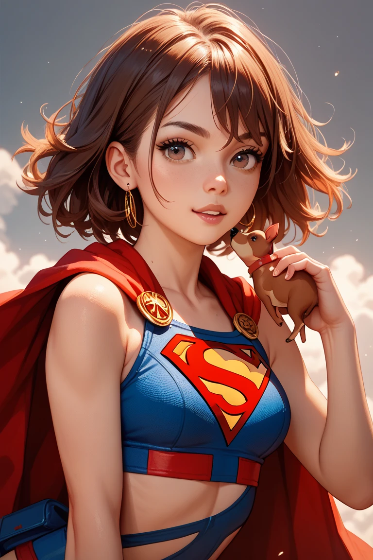 Japanese and fair-skinned、The color of the eyes is reddish brown、A slender woman with long brown hair is playing with a miniature dachshund Superman