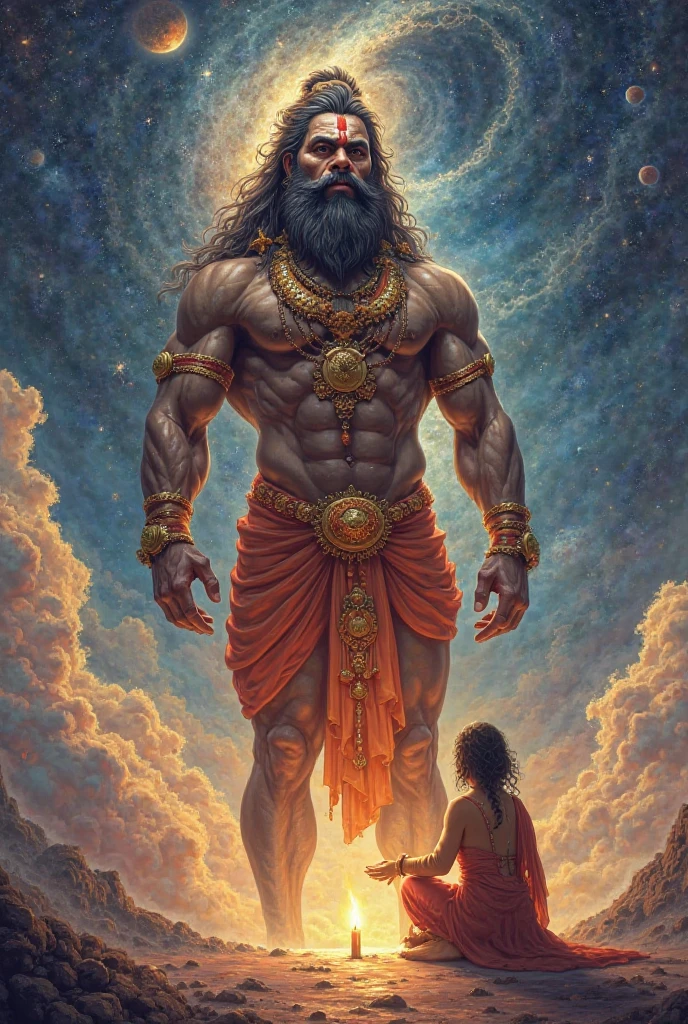Hanuman’s Devotion: Illustrate Hanuman flying with a mountain in his hand, symbolizing his strength and dedication in finding Sita.