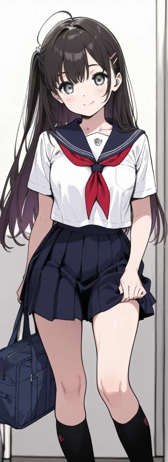 1 girl, alone, brown eyes, black hair, long hair,half up、Ribbon at back of head、(sailor suit:1.4),at school, classroom、very big breasts、expose one's chest、Bare your breasts、nipples are transparent、blush、embarrassing、scared face、in trouble、confused face、A lot of milk comes out of the nipples、Breast milk squirts out of the nipples、very short skirt、micro mini skirt、The shape of a woman's private parts is clearly visible