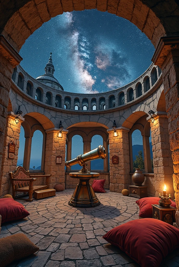 Circular stone astronomy tower with a brass telescope pointed at the Milky Way. Plush velvet cushions on the floor, star charts that update in real-time, and a ceiling enchanted to mimic the night sky. Candlelight, cozy mystery vibe, Harry Potter meets Renaissance aesthetics.