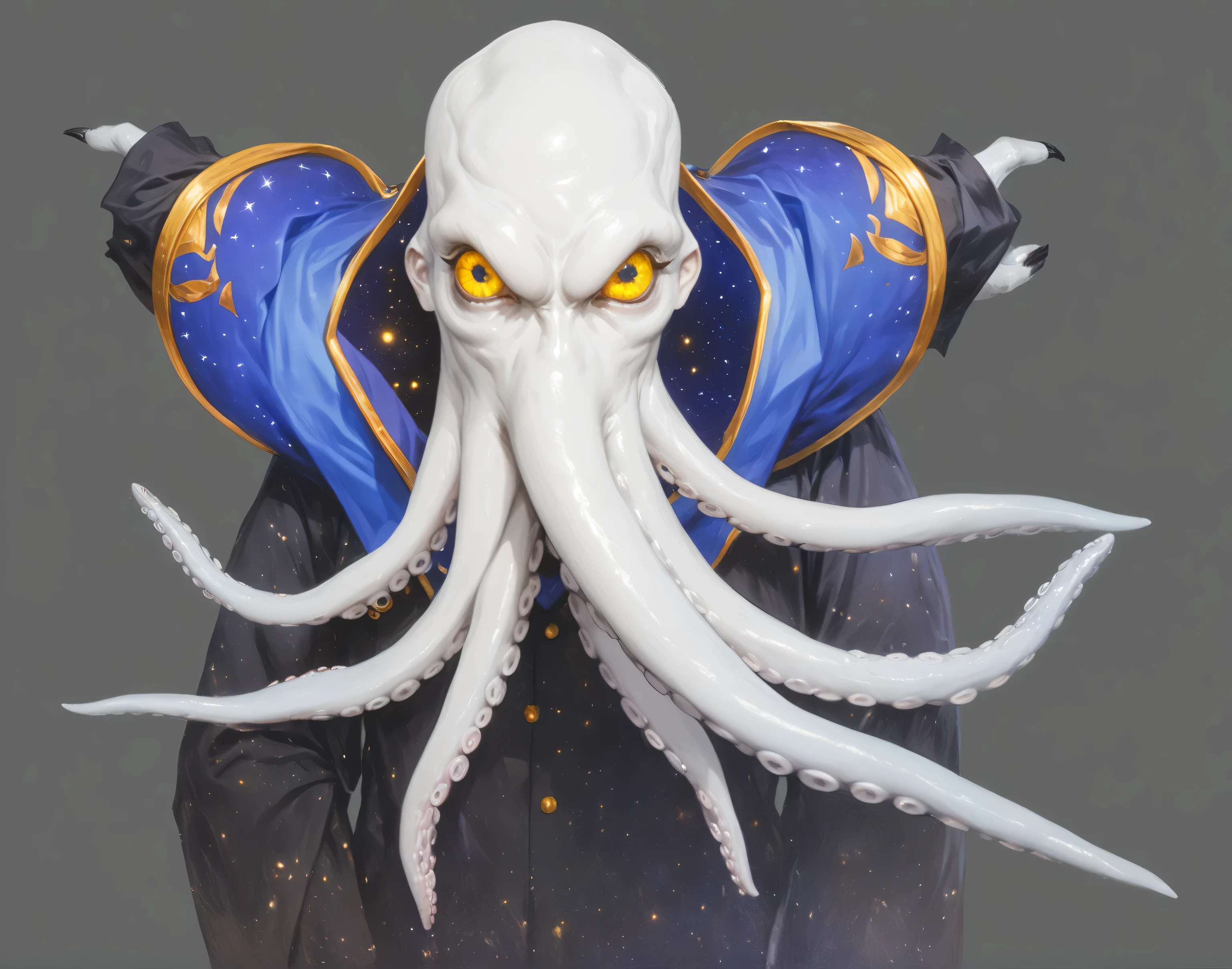 A Lovecraftian Cthulhu-style game character concept design of a humanoid octopus mage, (eldritch horror aesthetic:1.5), (cosmic horror elements:1.4), (pale white octopus head with writhing tentacles:1.5), (multiple facial tentacles with suction cups:1.4), (otherworldly glowing yellow eyes:1.4), (ancient grimoire-inspired dark robes:1.4), (royal blue and gold cultist tabard:1.3), (pale inhuman hands with webbing between fingers:1.3), (tentacle-like appendages emerging from sleeves:1.3), (bare blue feet with subtle scales:1.2), (mystical forbidden magic pose:1.3), standing pose against misty gray background, (professional concept art quality:1.5), (character design for dark fantasy game:1.4), high contrast with eerie lighting, (R'lyeh architecture elements in background:1.2), (non-Euclidean geometry hints:1.2), (Mind Flayer meets Cthulhu priest:1.4), full body view, (deep sea color palette:1.3), (madness-inducing details:1.2)