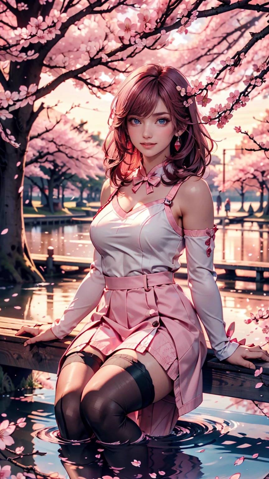 cherry blossomsミク, upper body, smile, , sitting, ((cherry blossoms)), ((pink sleeve)), Pink Tone, ((pink stockings)), pink sky, sunset, lake, reflection