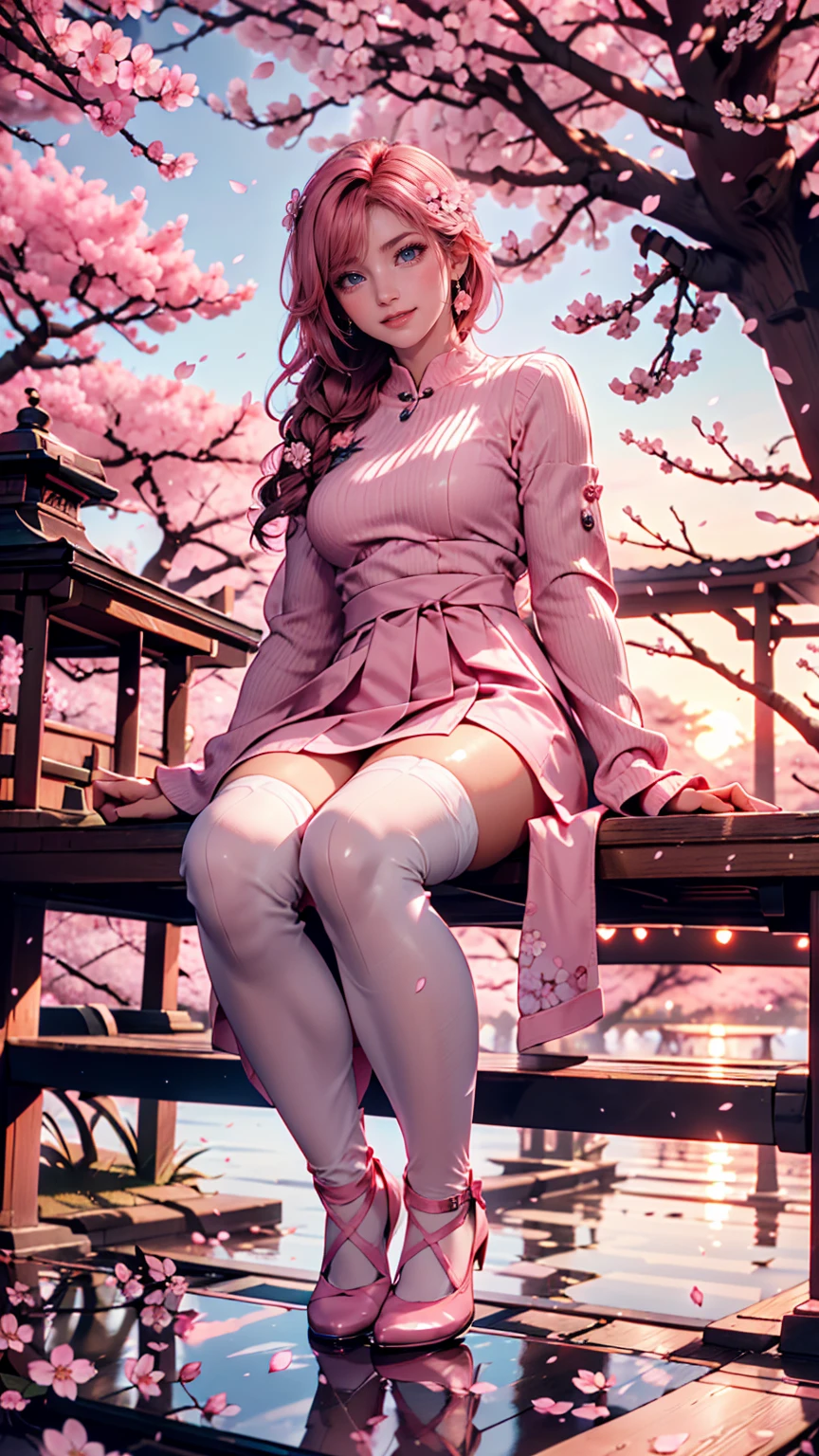 very long pink hair, Skinny, thin and thick, small waist, 8k, UHD, (accentuated super huge enormously gigantic , sitting opening legs, showing the vagina, with legs open, in a sexy and seductive pose), cherry blossoms waving in the wind, luxurious japanese bedroom background, Showing crotch, unclothed