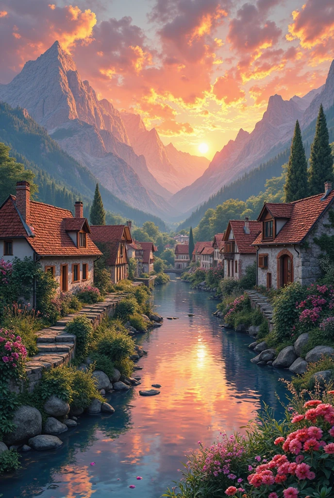 a small village by the river, mountains in the background, floral flowers colorful, detailed landscape, Beautiful natural landscapes, atmospheric lighting, scorching sunset, warm colours, practical, photopractical, Detailed Foliage, complex buildings, cobblestone street, Charming country house, swirly vibrant colors, lush vegetation, Still water reflections, Picturesque, idyllic, work of art, best qualityer, 8k, extremely detaild,anime styling