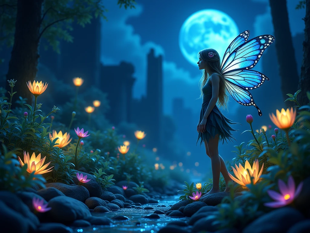 Beautiful tiny fairy, vivid detailed eyes, delicate symmetrical back wings, magical glassy waterlily pond, full moon starry sky 