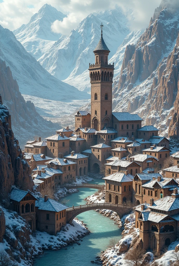 photography , 32k , type, snowy mountain landscape , Medieval houses , main Arabic-style stone bell tower , a river crosses the town and gets lost in the mountains , a vista de dron 
