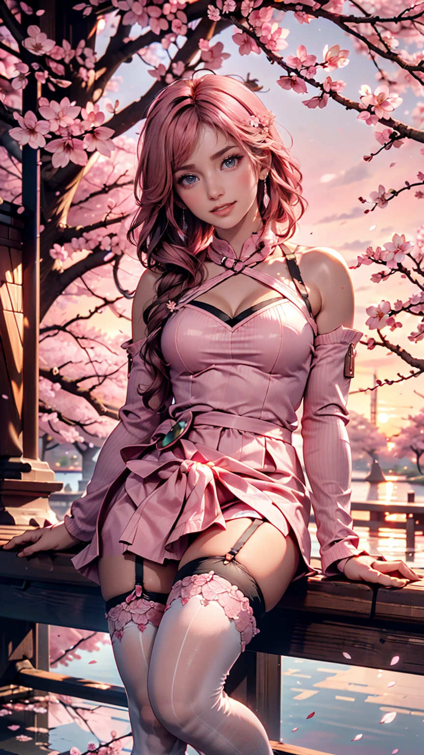 cherry blossomsミク, upper body, smile, , sitting, ((cherry blossoms)), ((pink sleeve)), Pink Tone, ((pink stockings)), pink sky, sunset, lake, reflection