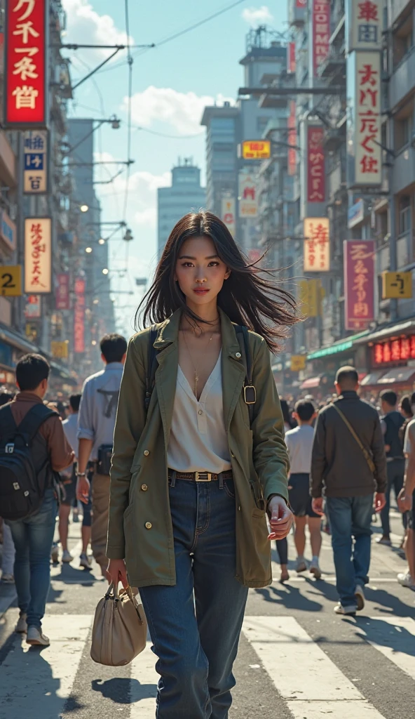 Japanese woman，about 30 years old, pretty dark hair，Walking through the crowded streets of Tokyo，Cross the road，