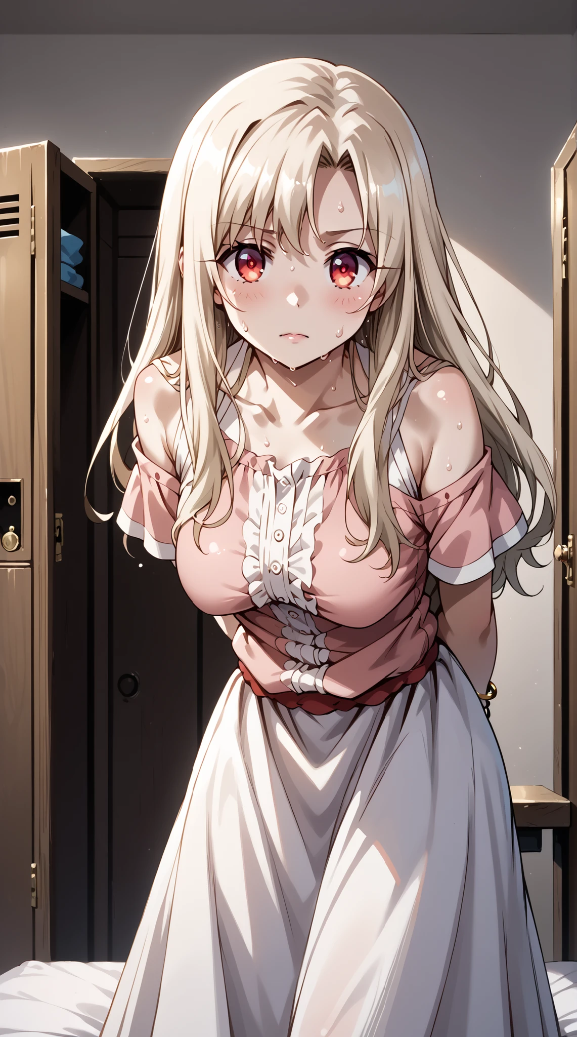 score_9, score_8_up, score_7_up, source_anime, 4K,perfect fingers,(perfect hands, perfect anatomy),prefect lighting, very aesthetic, intricate details,highly detailed background, masterpiece, high quality, best quality,
1girl,illyasviel von Einzbern, long hair, blonde hair, red eyes, parted bangs, Large Breast,
wearing ((bangle, bare shoulders, bracelet, dress, jewelry, short sleeves, shiny clothes, )),
A sagging breast, changing room, lockers, facing viewer, standing, ((arms behind back:1.2)), sensual, sitting, sitting_on_bed, on_bed, ((sweating:1.5)), ((front look:1.5)), ((leaning forward:1.3)),