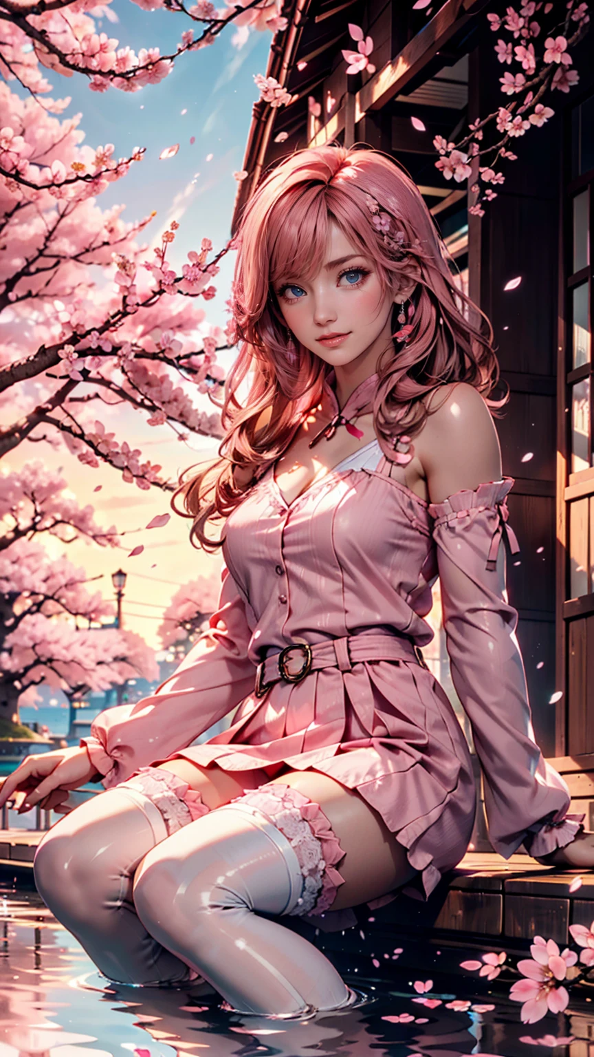 cherry blossomsミク, upper body, smile, , sitting, ((cherry blossoms)), ((pink sleeve)), Pink Tone, ((pink stockings)), pink sky, sunset, lake, reflection