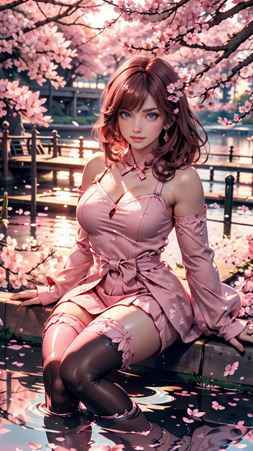 cherry blossomsミク, upper body, smile, , sitting, ((cherry blossoms)), ((pink sleeve)), Pink Tone, ((pink stockings)), pink sky, sunset, lake, reflection