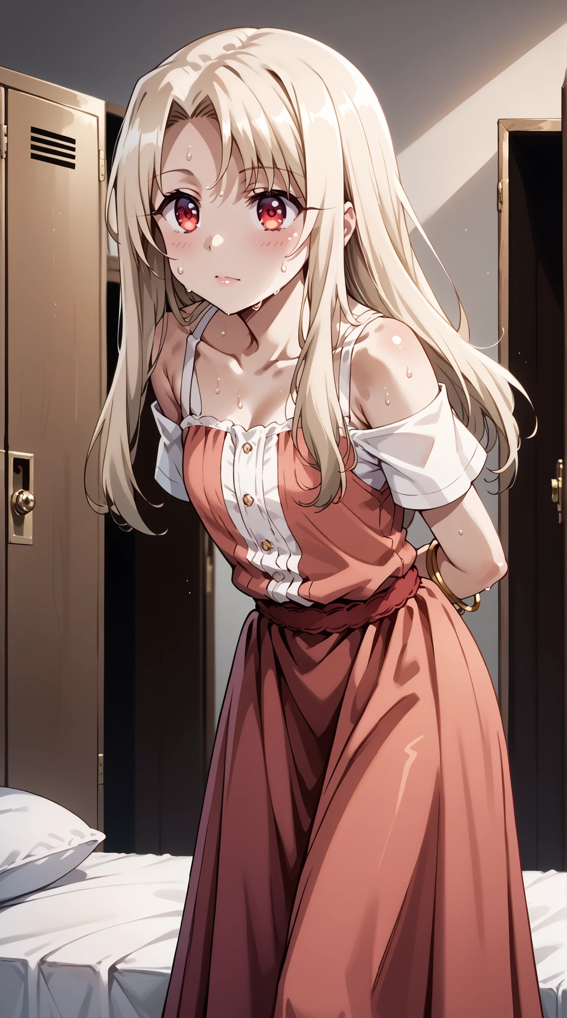 score_9, score_8_up, score_7_up, source_anime, 4K,perfect fingers,(perfect hands, perfect anatomy),prefect lighting, very aesthetic, intricate details,highly detailed background, masterpiece, high quality, best quality,
1girl,illyasviel von Einzbern, long hair, blonde hair, red eyes, parted bangs, Large Breast,
wearing ((bangle, bare shoulders, bracelet, dress, jewelry, short sleeves, shiny clothes, )),
A sagging breast, changing room, lockers, facing viewer, standing, ((arms behind back:1.2)), sensual, sitting, sitting_on_bed, on_bed, ((sweating:1.5)), ((front look:1.5)), ((leaning forward:1.3)),