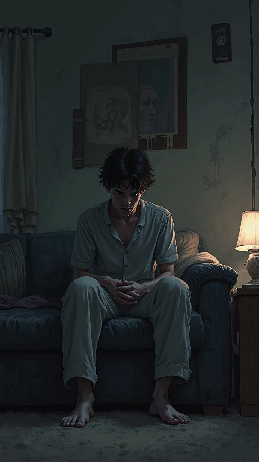 un jeune homme adulte inquiet, en pleine nuit, dans son salon, il est en pyjama, cartoon, effet charbon, noir et blanc