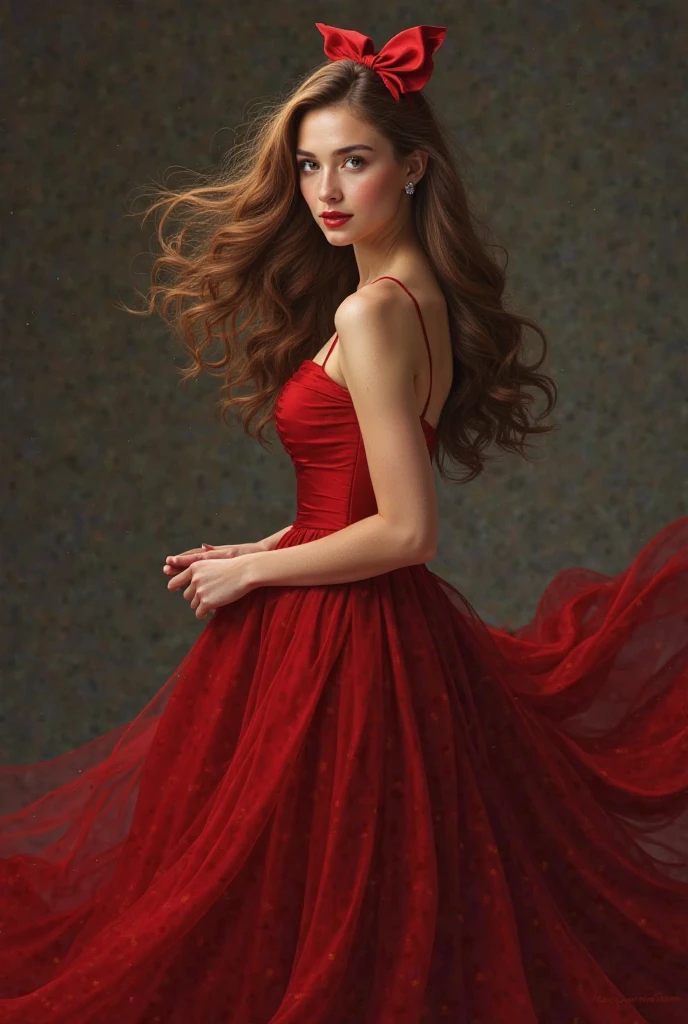 Girl 25 years long Curly brown hair girl in evening red dress with red bow in hair