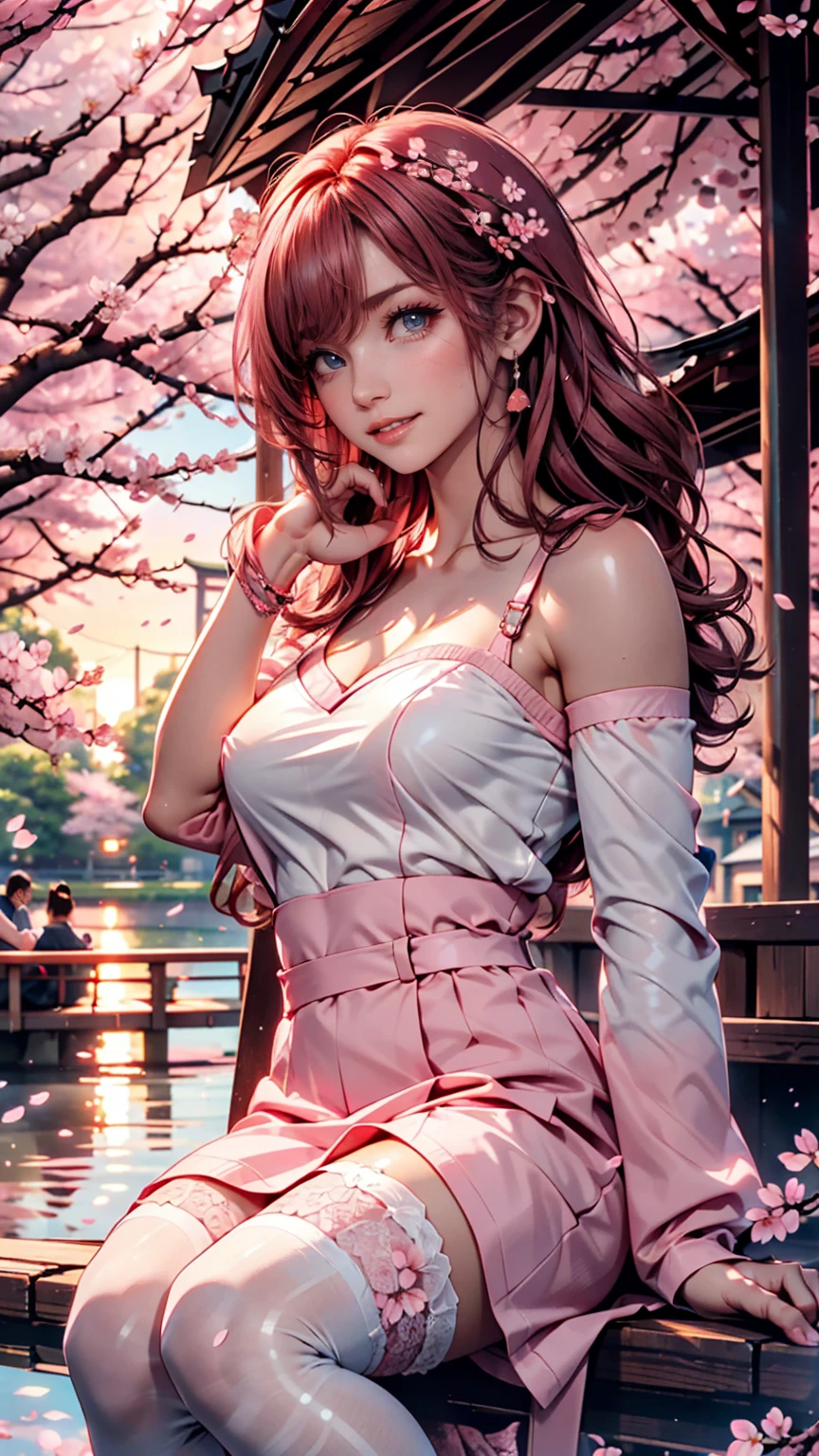 cherry blossomsミク, upper body, smile, , sitting, ((cherry blossoms)), ((pink sleeve)), Pink Tone, ((pink stockings)), pink sky, sunset, lake, reflection