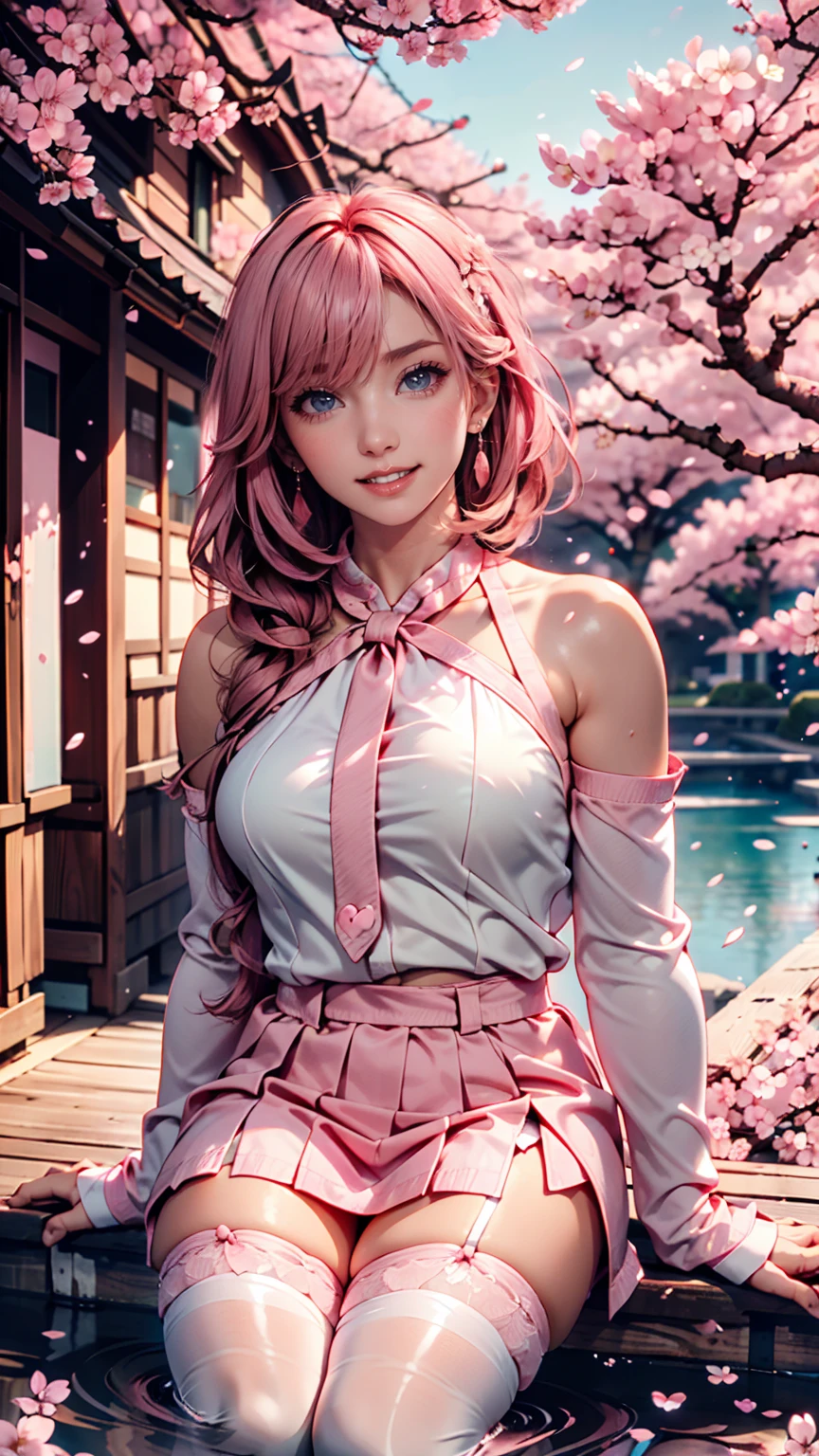 cherry blossomsミク, upper body, smile, , sitting, ((cherry blossoms)), ((pink sleeve)), Pink Tone, ((pink stockings)), pink sky, sunset, lake, reflection