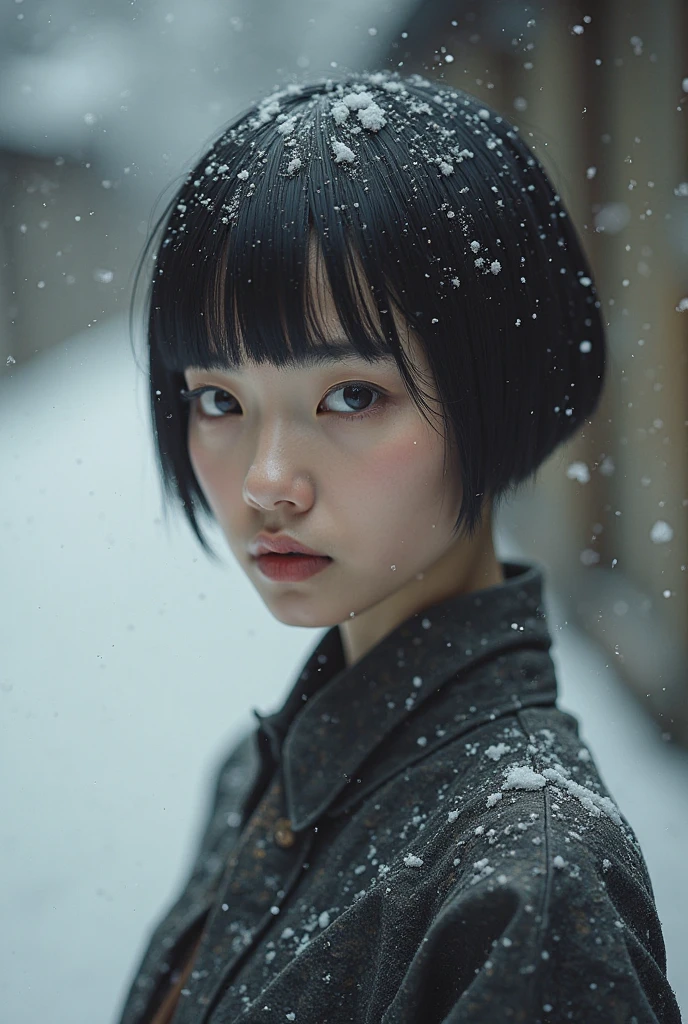 (top quality,4K,8k,high resolution,masterpiece:1.2),very detailed,(realistic,photorealistic,photo-realistic:1.37),Japanese women in their 20s,full body、Textured Straight Ultra Short Bowl Cut Hair、Shaved head punishment、Shaved nape 、sense of loss、Nipples、 small 、Poor clothing、prison break、perfect anatomy、depth of field、 Snow Mountain 、colorful、Black and White、