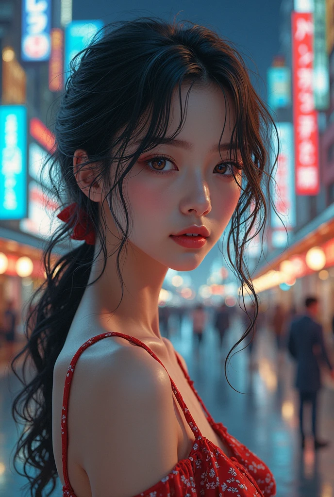 Japanese woman，about 30 years old, pretty dark hair，in the city,