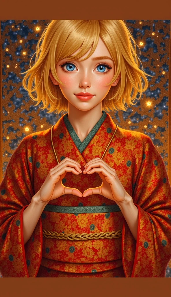 
“Create a stunning digital painting of a beautiful foreign woman with medium-length golden blonde hair and striking sapphire blue eyes. She is wearing a traditional kimono that matches an ornate, sparkling background. Her pose mirrors the heart-shaped hand gesture as seen in the reference image. The composition should be in a 9:16 ratio, perfectly blending her attire with the vibrant and decorative background.”