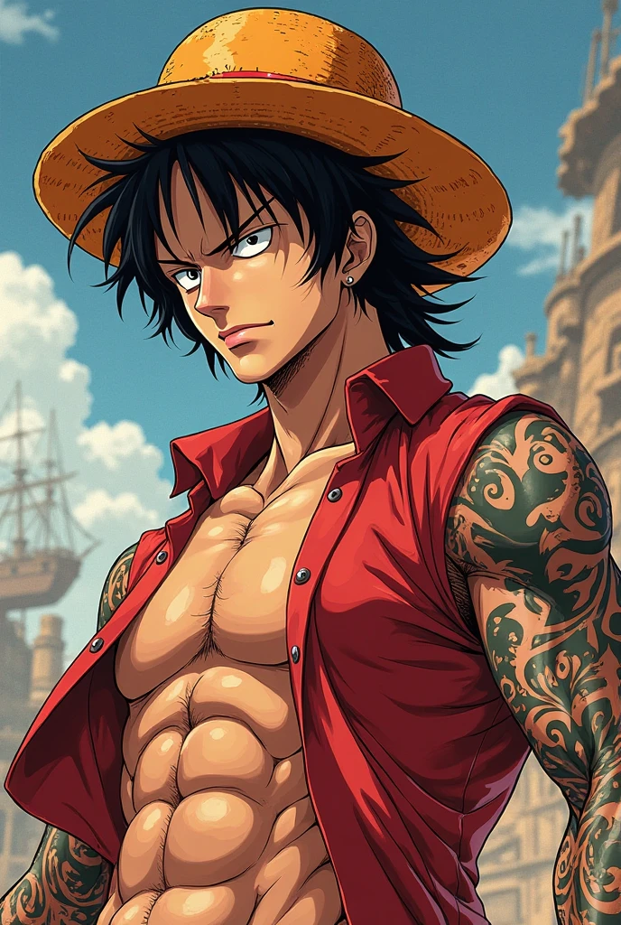 One piece original character, male, 20 years old, use katana and gun, damage face, one piece style art