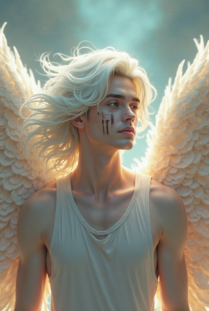 Imagine an albino man, extremely pale skin, almost translucent, Platinum white hair, He has wings, one white and the other black, He has defined muscles , he has a beautiful and well-defined face 