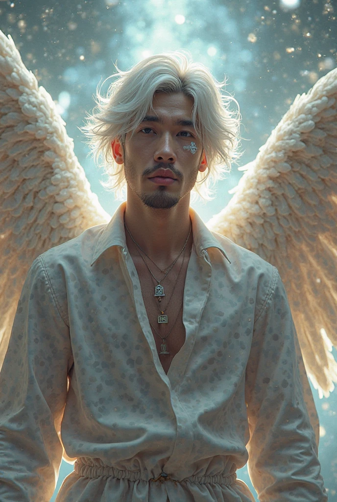 A man with white hair with angel wings a scar on his face in white and in the shape of a Roblox