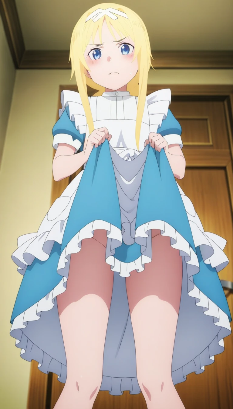 NSFW,1girl in,standing,(Portrait),face Focus/close up,classroom,From below,Looking at Viewer,sernia_iori_flameheart,(blonde hair,drill hair),blue eyes,large breasts,hair ribbon, long hair, School uniform,(red school uniform),Long sleeves,((Long skirt)),solo,Best Quality,anime screen cap,Flat color,cel shading,perfect lighing,classroom,perfect anatomy, (skirt lift:1.5), ((skirt grab)),((panties)), smile, (full-face blush), embarrassed, cowboy shot, extremely detailed hands, Panty shots, Lift up skirt, put both hands before a stomach,