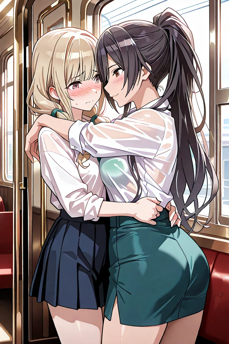 (((2girls)))), (((elf woman)), ((yuri)), (couple))) (shiny blonde long straight)), (middle breasts), ((((school uniform)))), green eyes, close eyes, ((((kiss on the train seat)))), (breast grab)))), upper body