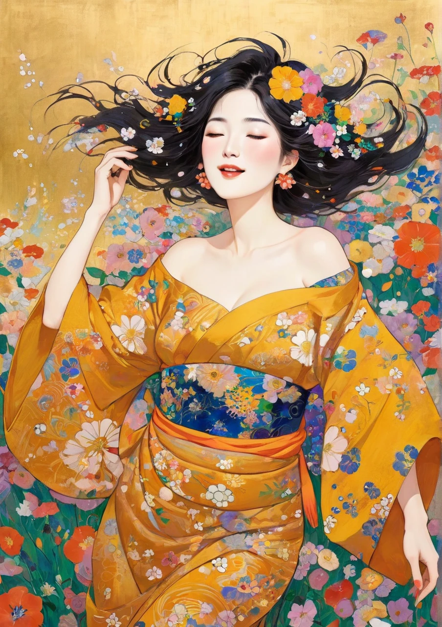 Masterpiece Paintings, Japanese middle-aged woman with Klimt pattern, flat art, Picture books, simple crayon drawing,  abstract,   lots of flowers  ,  illustration , Masterpiece Japanese Painting, flat  illustration ,   lots of flowers  , flat  illustration の日本人中年女性, 44 years old, Off Shoulder, disheveled hair, Petals Dancing in the Wind, harf-open-eyes, ????,