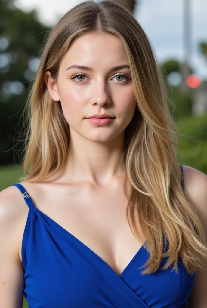 A very realistic and detailed photo of Ester Exposito wear a white skirt and blue crop top, light makeup,  long straight dark hair, high quality photo 4k, very detailed, perfect fit, looking at the camera, detailed face, detailed almond eyes, 