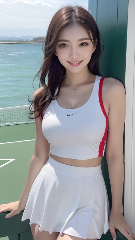 A woman with the same face as last time,4K、1Man Woman、A slender、 Loose wavy styling, Ecstatic expression、Photo wearing red and white shirt and shorts, white t-shirt with red sleeves, Tight shirt, Open V chest clothes,I'm not wearing anything inside、Be braless、 Sporty, Tennis Wear, Short sleeves, white red, wearing white v - neck top, mid shot portrait, In shorts, cute sportswear, Tight shirt, taken with sony alpha 9, perfectly proportions, 、captivating and enticing、FULL BODYSHOT、Including face and skin texture.,Detailed eyes、A smiling face
